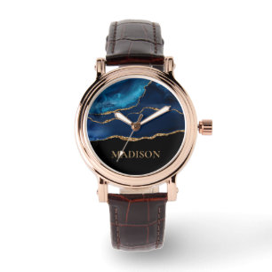 Classy Navy Blue Gold Glitter Black First Name Watch