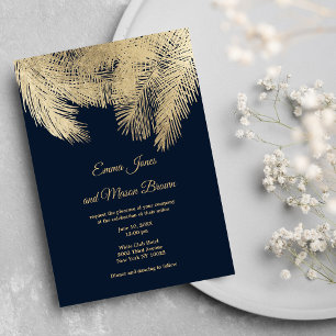 Classy navy blue gold palm tree tropical Wedding Invitation