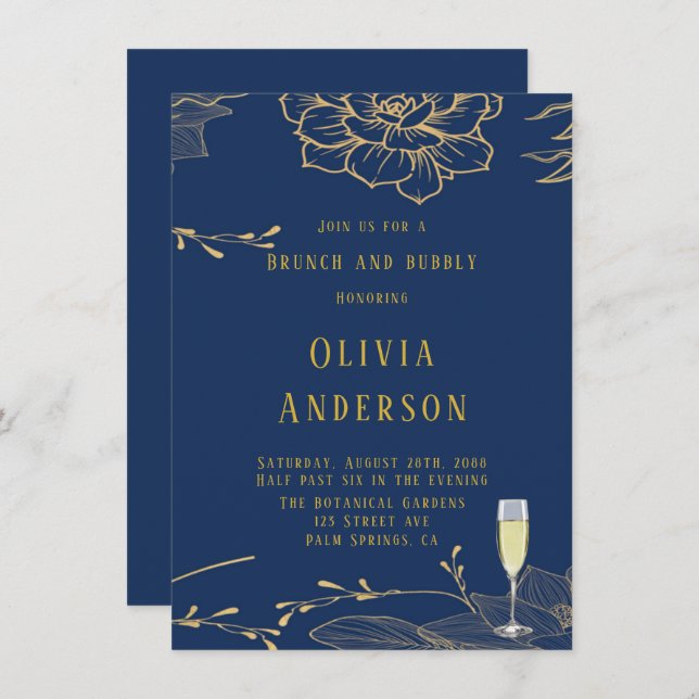 Classy Navy Blue Gold Rachel Brunch and Bubbly Invitation (Front/Back)