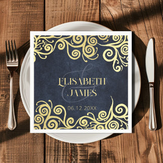 Classy Navy Blue Gold Swirls Wedding Sophisticated Napkin