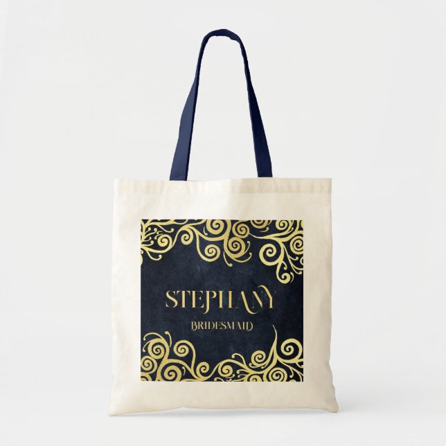 Classy Navy Blue Gold Swirls Wedding Sophisticated Tote Bag (Front)