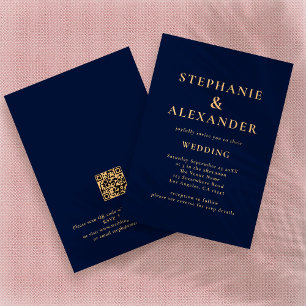 Classy Navy Blue Gold Text QR Code Wedding  Invitation