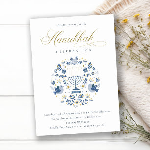 Classy Navy Blue Hanukkah Floral Party Invite