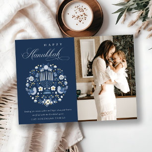 Classy Navy Blue Happy Hanukkah 1 Photo Floral Holiday Card
