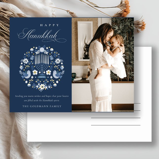 Classy Navy Blue Happy Hanukkah 1 Photo Floral Holiday Postcard (Creator Uploaded)