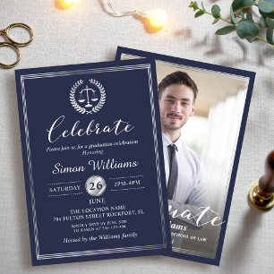 Classy Navy Blue Law School Graduation Party Photo Invitation