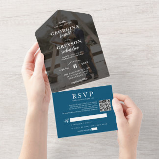 Classy Navy Blue RSVP Photo QR Code Wedding All In One Invitation