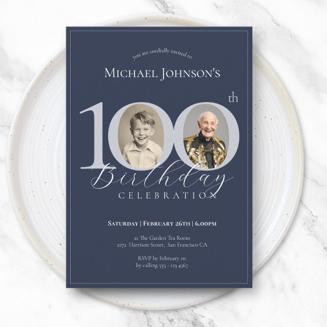 Classy Navy Blue Silver Photo 100th Birthday Invitation (Classy Navy Blue Silver Photo 100th Birthday Invitation)