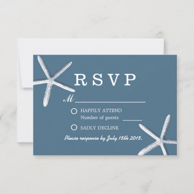 Classy Navy Blue Starfish Beach Wedding RSVP Card (Front)