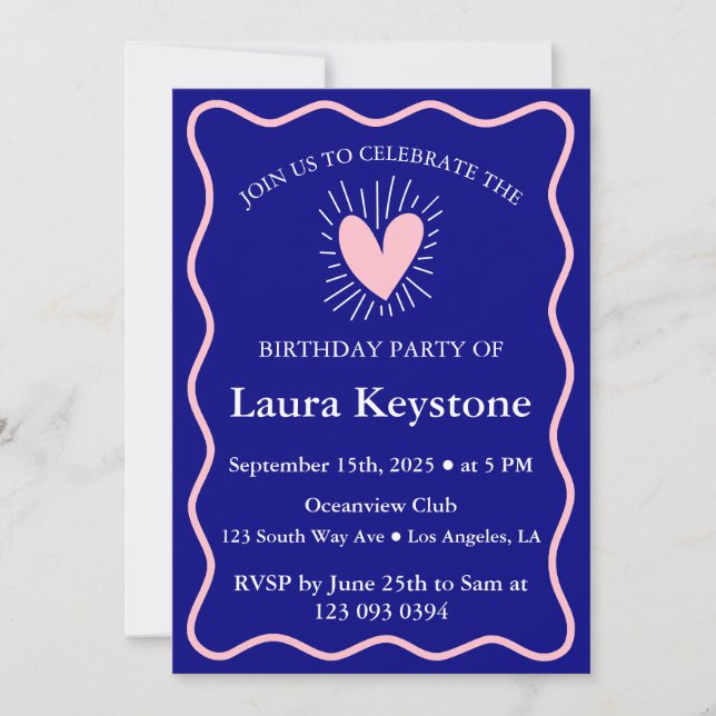 Classy Navy & Blush Pink Wavy Border Invitation (Front)