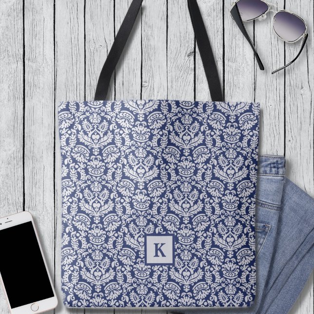 Classy Navy Damask Pattern Monogram Tote Bag (Creator Uploaded)