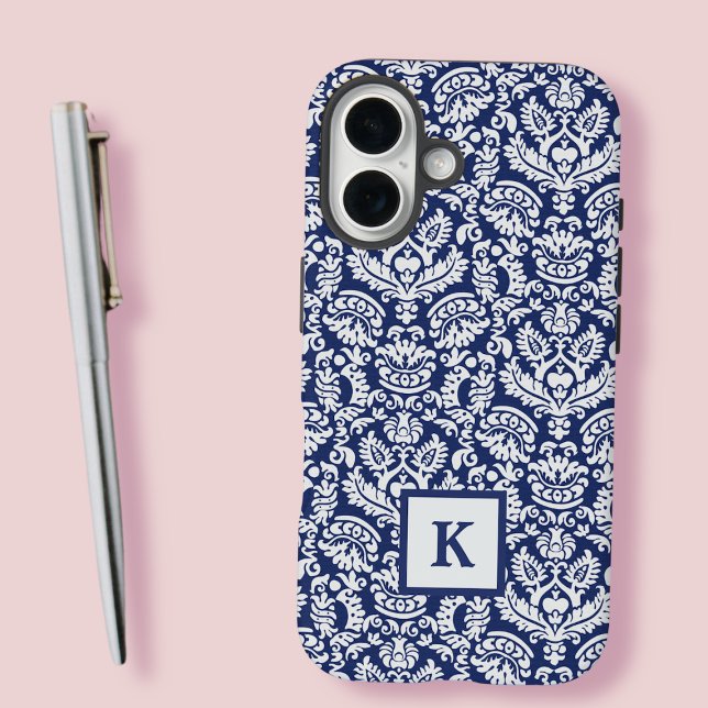 Classy Navy Damask Pattern Monogram Tote Bag iPhone 16 Case (Creator Uploaded)