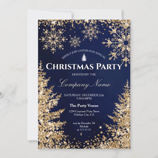 Classy Navy Gold Glitter Corporate Christmas Party Invitation (Front)