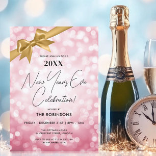 Classy New Years Eve Party Blush Bokeh Gold Bow Invitation