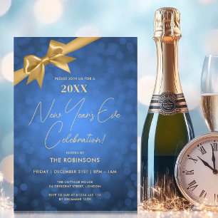 Classy New Years Eve Party Navy Gold Bokeh Bow Invitation