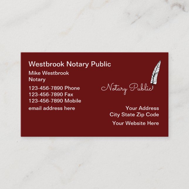 Classy Notary Public Feather Pen Business Cards (Front)