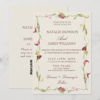 Classy Nouveau Art Vintage Floral QR Code Wedding Invitation