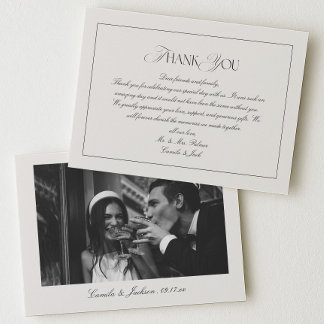 Classy Old Money Black and Ivory Wedding Photo Thank You Card