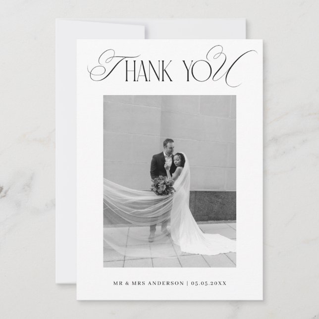 Classy Old Money Script Black White Photo Wedding Thank You Card (Front)