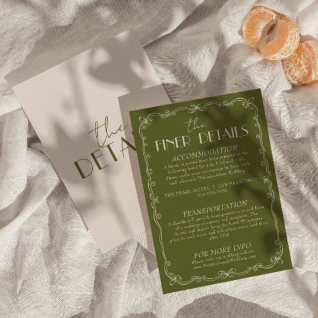 Classy Olive Green Ivory Old Money Wedding Details Enclosure Card (Creator Uploaded)