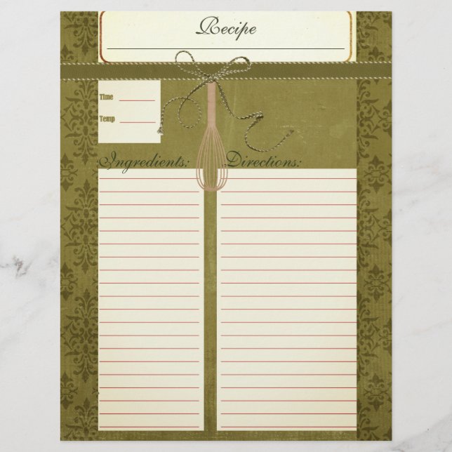 Classy Olive Green Recipe Inserts (Front)