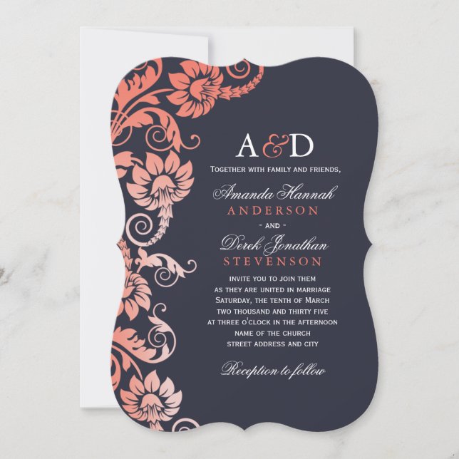Classy Ombre Coral and Blue Wedding Invitations (Front)