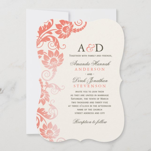 Classy Ombre Coral Flowers Wedding Invitations (Front)