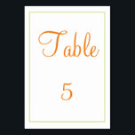 Classy orange and green table number<br><div class="desc">A classy table card that is truly one of a kind,  this item portrays a orange and green design using easy to fill in templates.  The text can be customised as well as the colour of the table card and square.  Personalise your table card today!</div>