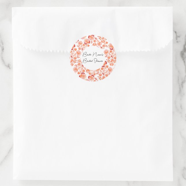 Classy Orange Floral Print Bridal Shower Classic Round Sticker (Bag)