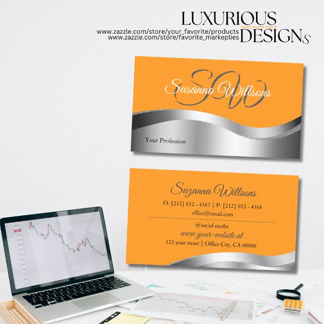 Classy Orange with Wavy Silver Decor and Initials Business Card (Creator Uploaded)