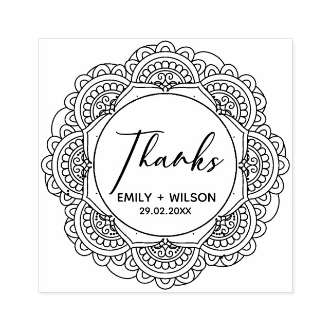 CLASSY ORNATE MANDALA CUSTOM SCRIPT THANKS WEDDING RUBBER STAMP (Imprint)
