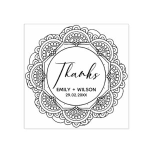 CLASSY ORNATE MANDALA CUSTOM SCRIPT THANKS WEDDING RUBBER STAMP