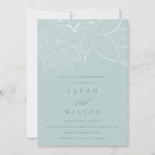 Classy Ornate Paisley Dusky Blue Engagement Invite (Front)