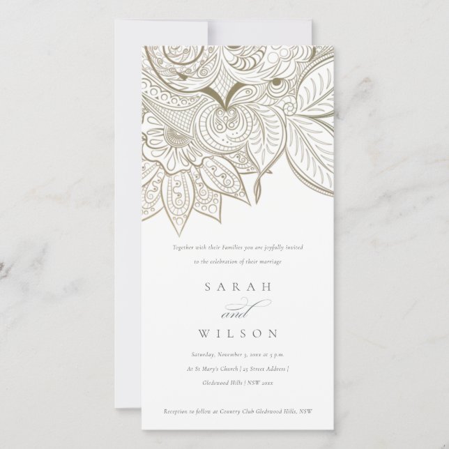 Classy Ornate Paisley Ivory Gold Wedding Invite (Front)