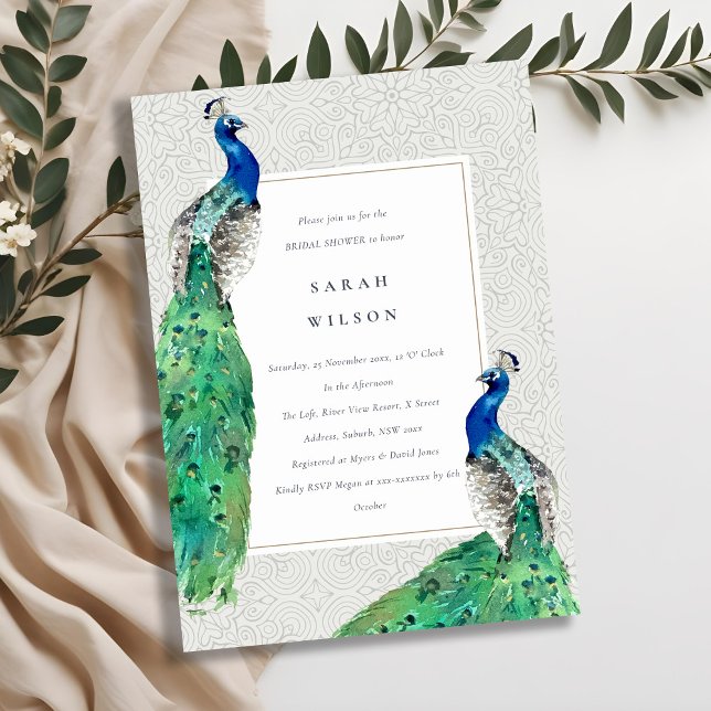 Classy Ornate Watercolor Peacock Bridal Shower Invitation (Creator Uploaded)