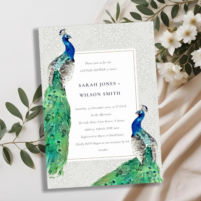 Classy Ornate Watercolor Peacock Couples Shower Invitation (Creator Uploaded)