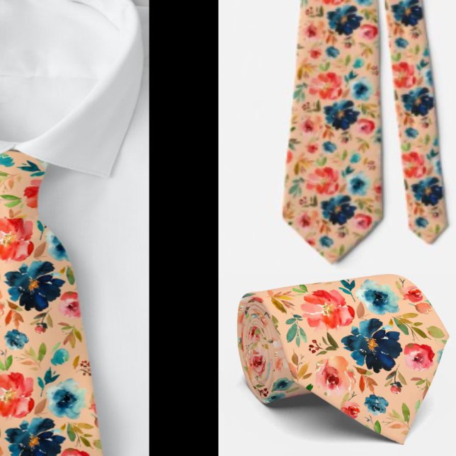 Classy Peach Pink Blue Watercolor Roses Neck Tie (Creator Uploaded)