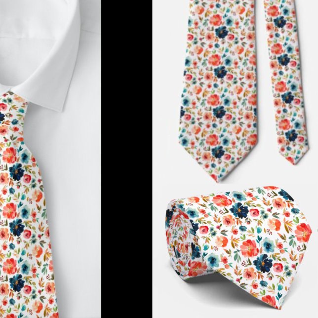 Classy Peach Pink Blue Watercolor Roses Neck Tie (Creator Uploaded)