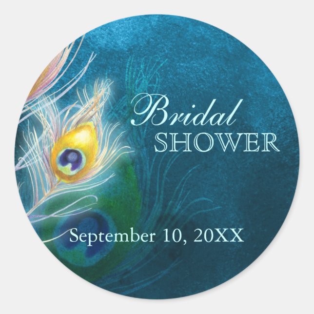 Classy Peacock Blue Bridal Shower Favour Classic Round Sticker (Front)