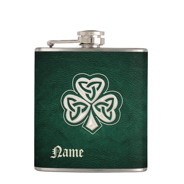 Classy pearl lucky shamrock leather personalised hip flask (Front)