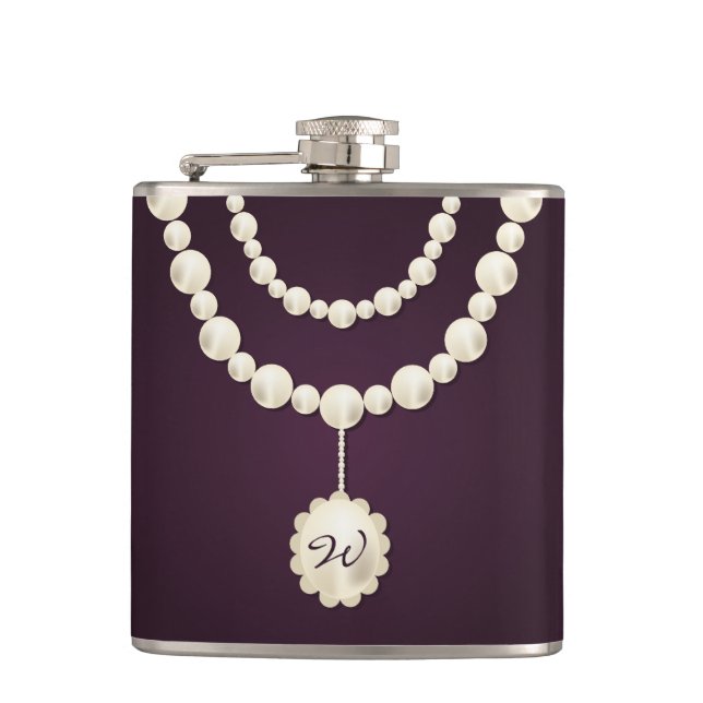Classy Pearl Necklace Monogram Hip Flask (Front)