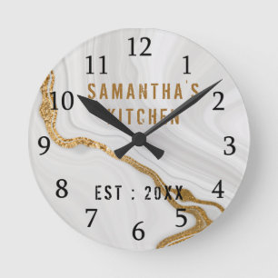 Classy Personalized Gold White Marble Kitchen Round Clock