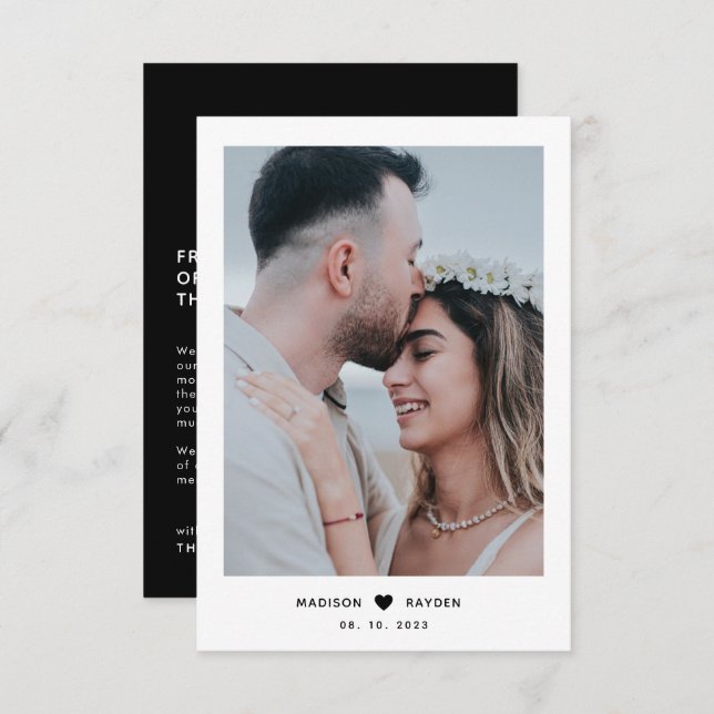 Classy Photo Black Script with Heart Wedding Thank You Card (Front/Back)