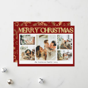 Classy Photo Collage Gold Snowflakes Christmas Holiday Card