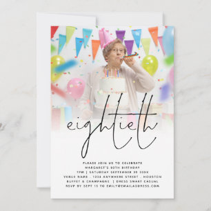 Classy Photo Overlay Script 80th Birthday Party Invitation