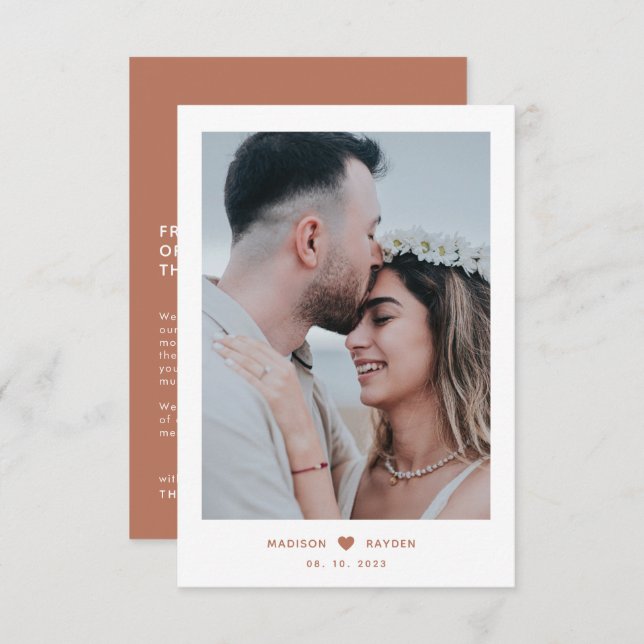 Classy Photo Terracotta Script with Heart Wedding Thank You Card (Front/Back)