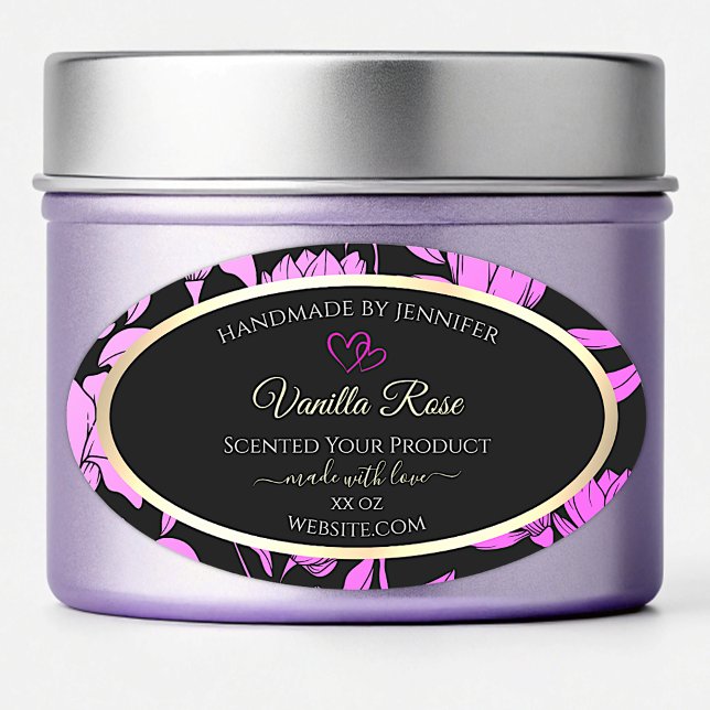 Classy Pink and Black Floral Product Labels Hearts (Creator Uploaded)