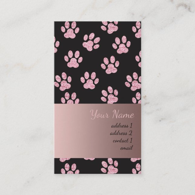classy pink and black pet paw prints pattern business card (Front)