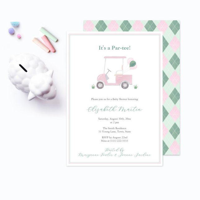 Classy Pink And Green Golf Cart Baby Girl Shower Invitation (It's a baby shower par-tee! Pink and Green golf cart baby shower invitation to welcome a little girl)