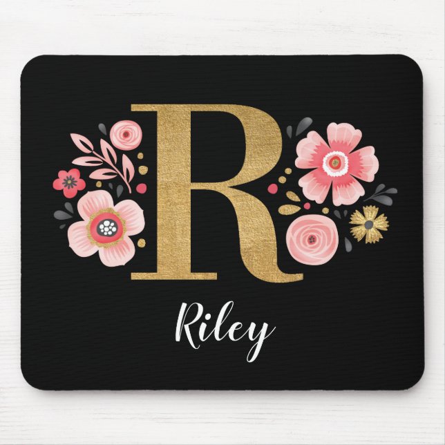 Classy Pink Black Girly Monogram Initial Letter R Mouse Pad (Front)
